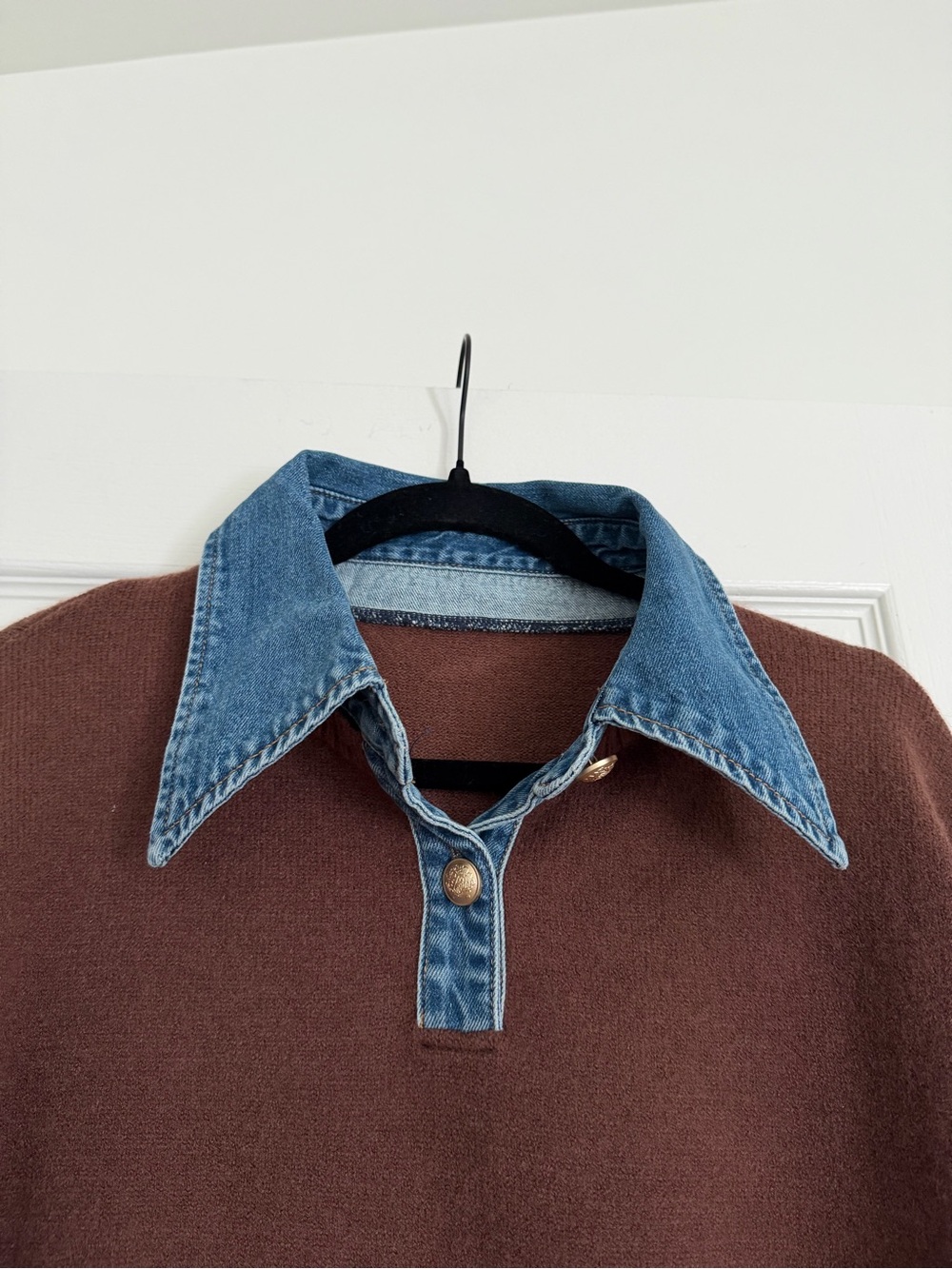 NWT 2-in-1 Panel Lapel Sweater - Brown with Denim Trim - Picture 5 of 7